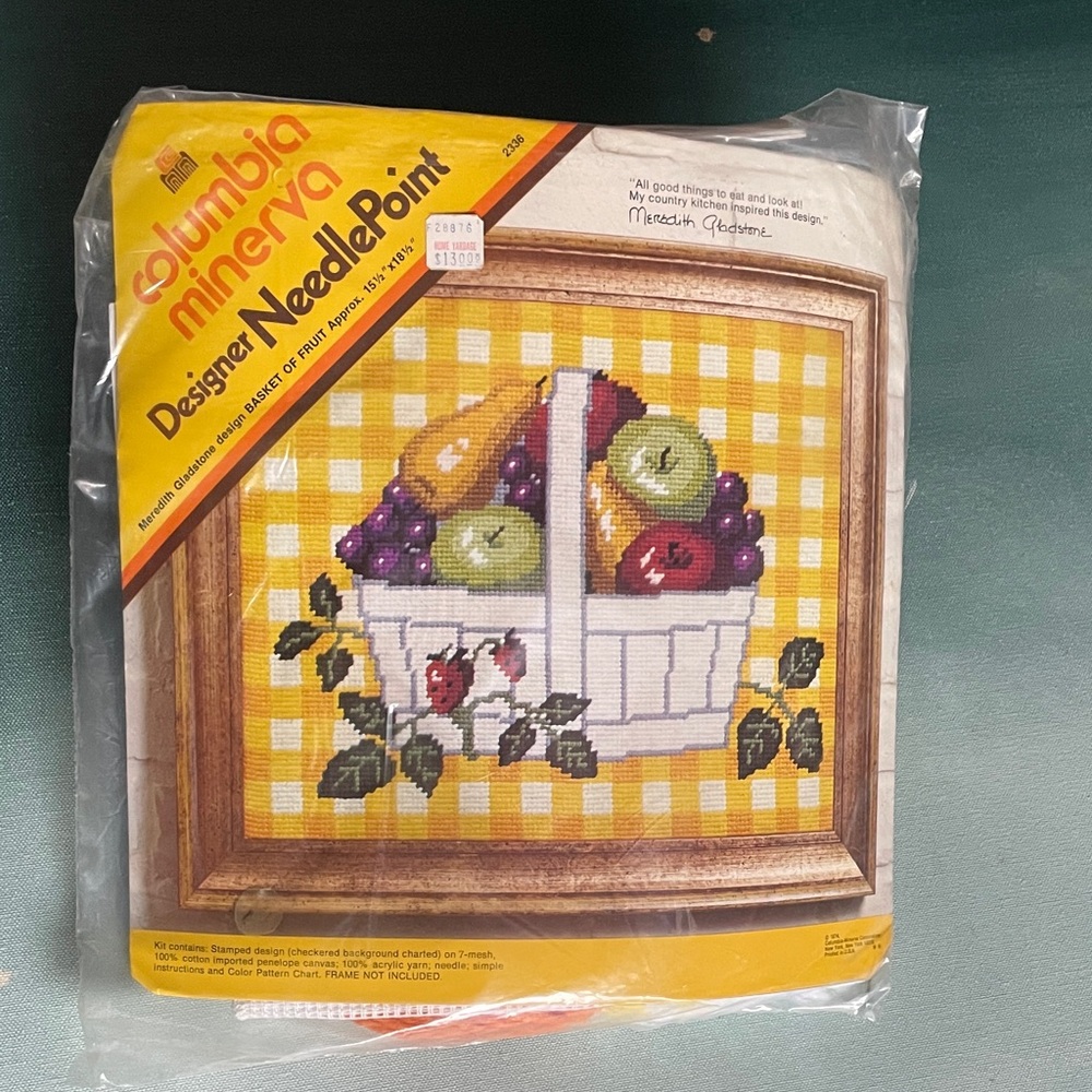Vintage Columbia Minerva Needlepoint Kit Basket Of Fruit 15.5” x 18.5”